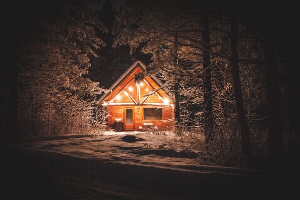 A cabin with a wooden exterior, a visible door, and a snow-covered ground.