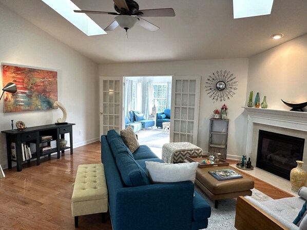 Smart TV, fireplace, foosball