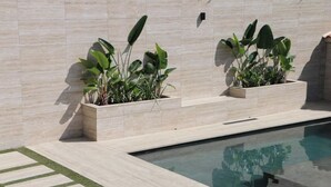 A swimming pool with two planters of plants against a tiled wall. - Luxury Home in Granada with Private Pool (AN)