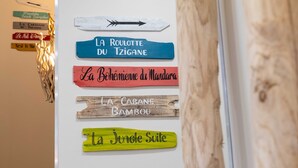 Eine Wand mit Hinweisschildern, die verschiedene Orte zeigen.