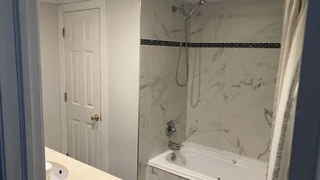 Hair dryer, towels, soap, shampoo