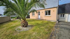 Ein Haus mit einem gepflegten Rasen, einer Palme und einer Auffahrt, die zum Eingang führt.