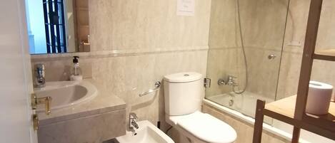 Hair dryer, towels, soap, toilet paper