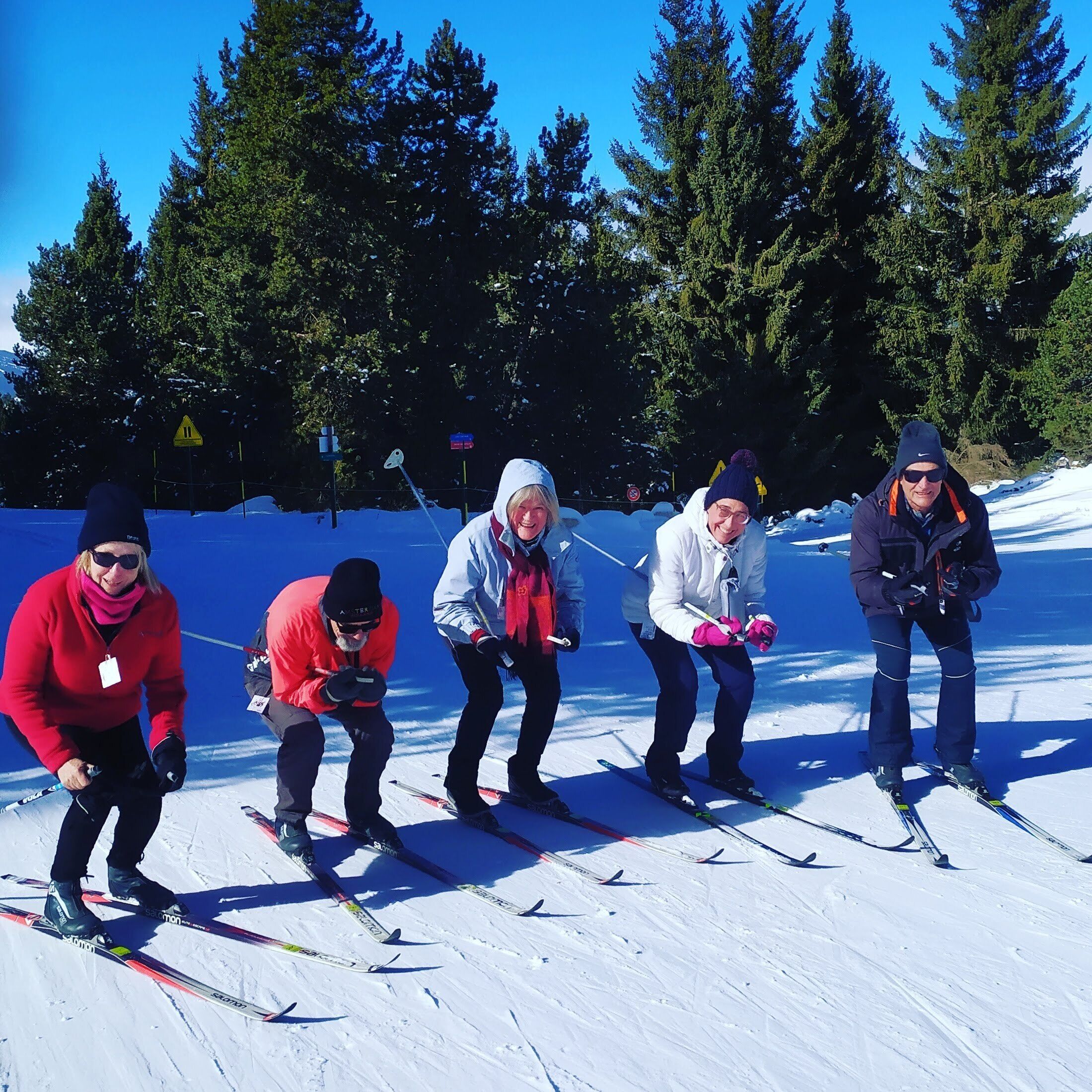 Un groupe de personnes fait du ski sur une pente enneigée, avec des arbres en arrière-plan.