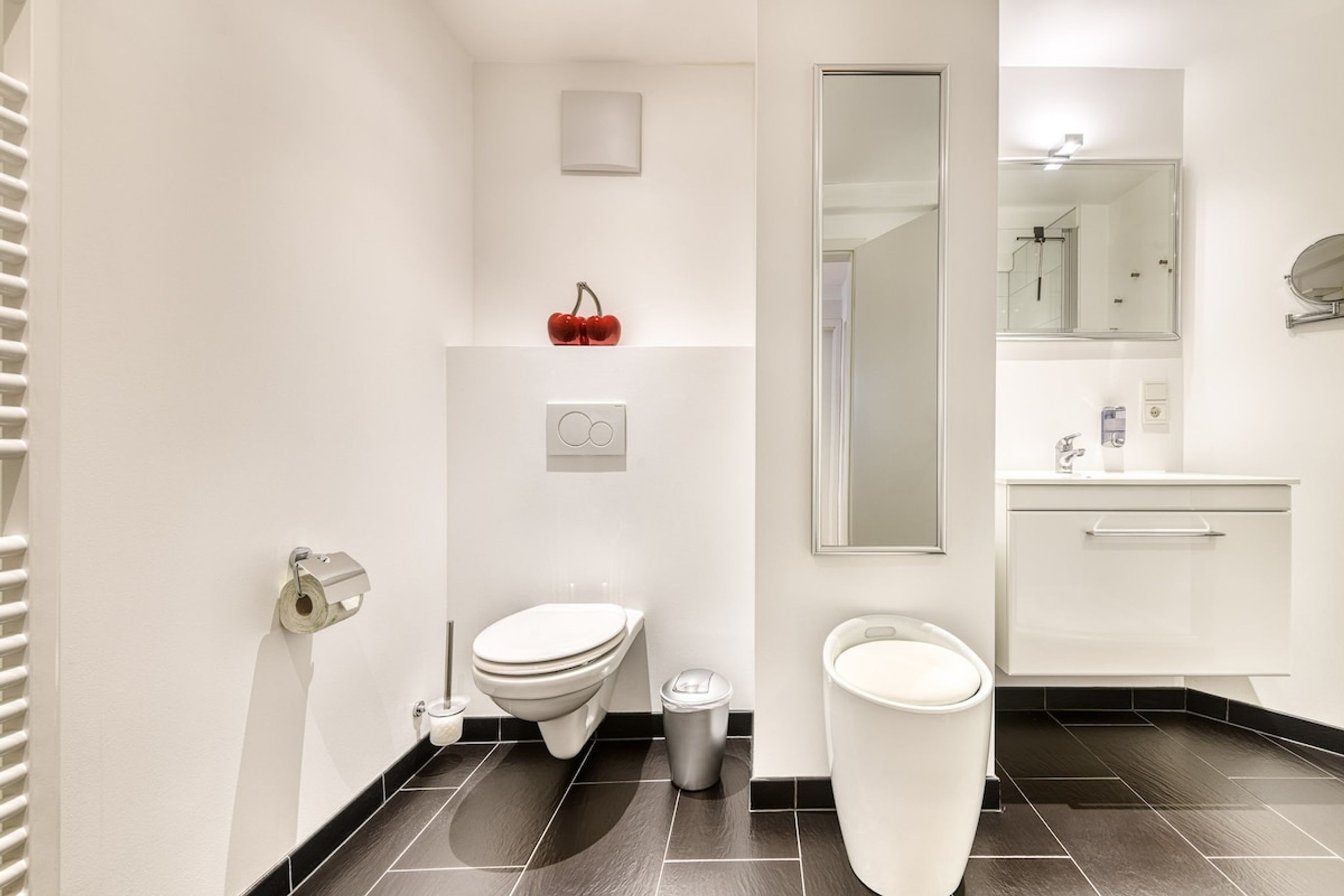 Une salle de bain moderne équipée de toilettes, d’un bidet et d’un lavabo.