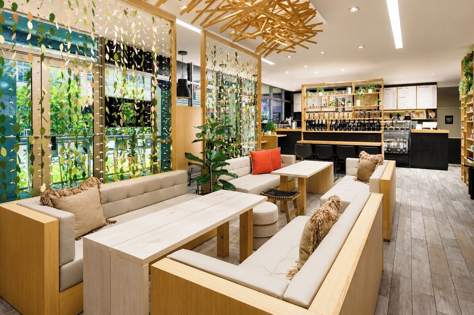 Uma área de lounge moderna com sofás, mesas e um bar com prateleiras cheias de garrafas.