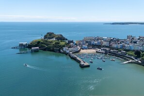 A coastal town with a pier, boats, and colorful buildings. - Azure - Sea Views Town Centre (Tenby)