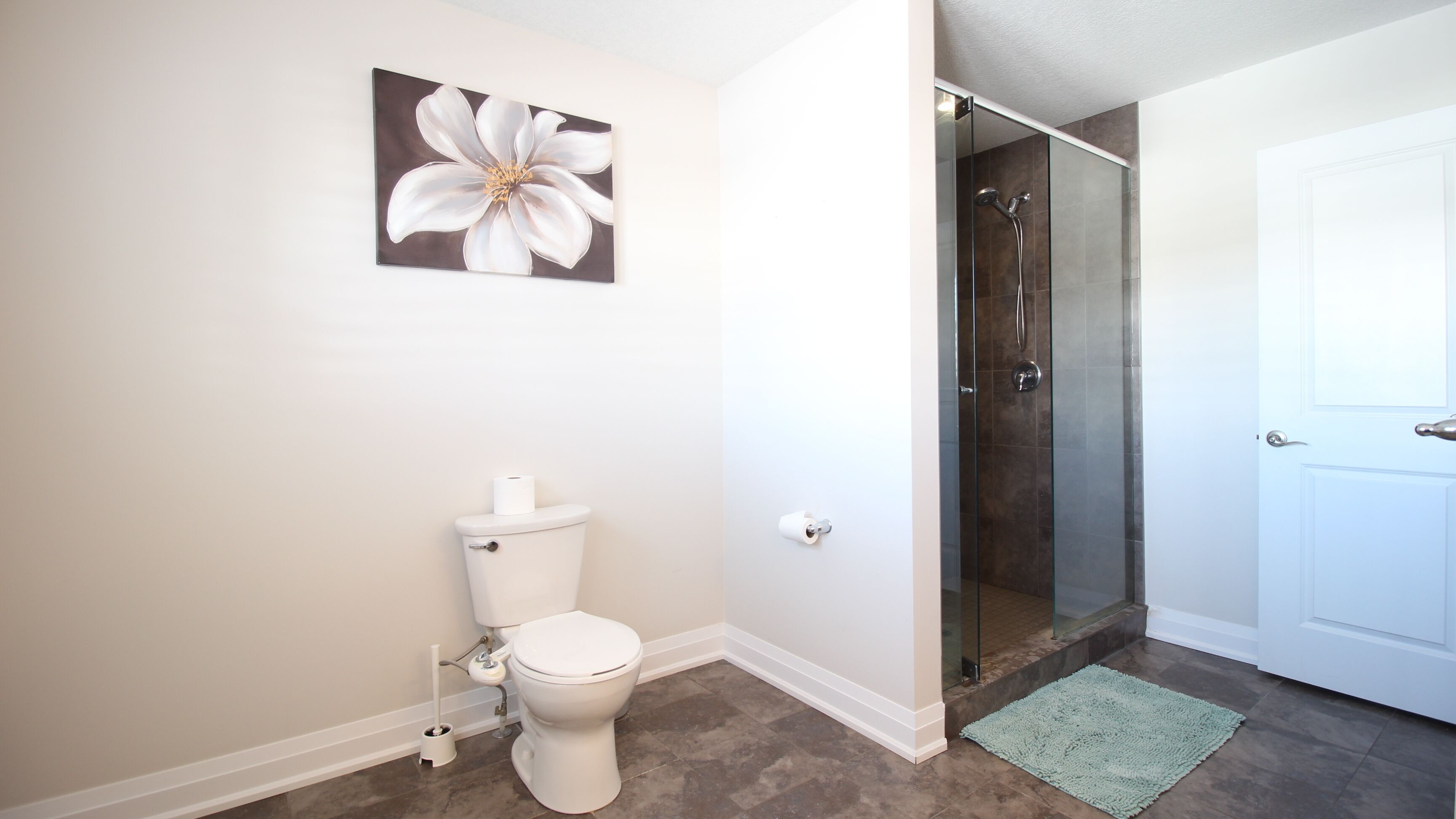 A bathroom with a toilet, a glass shower enclosure, and a white door.