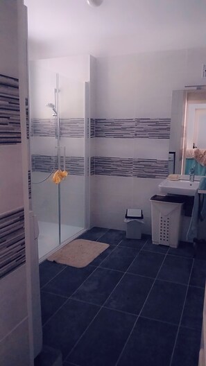 Een douche, een haardroger, handdoeken, toiletpapier