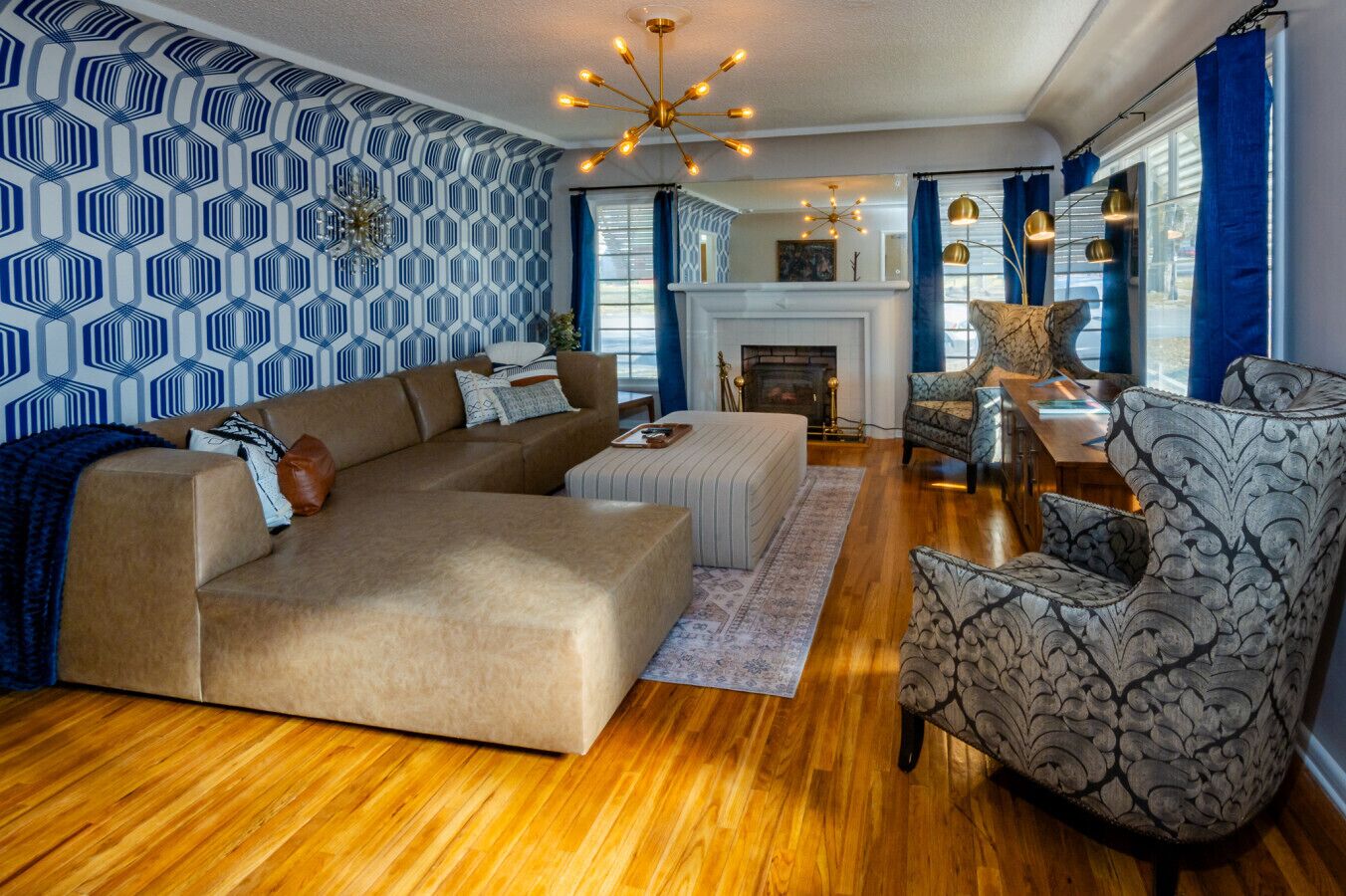 Smart TV, fireplace, books