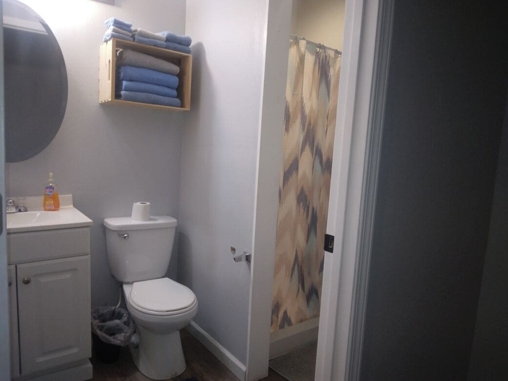 Shower, towels, soap, toilet paper