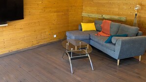 Une pièce chaleureuse avec un plafond en bois, un canapé gris agrémenté de coussins colorés, une petite table en verre et un téléviseur à écran plat fixé au mur.