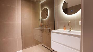 Shower, towels, soap, toilet paper