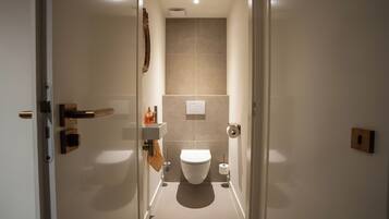 Een douche, handdoeken, zeep, toiletpapier