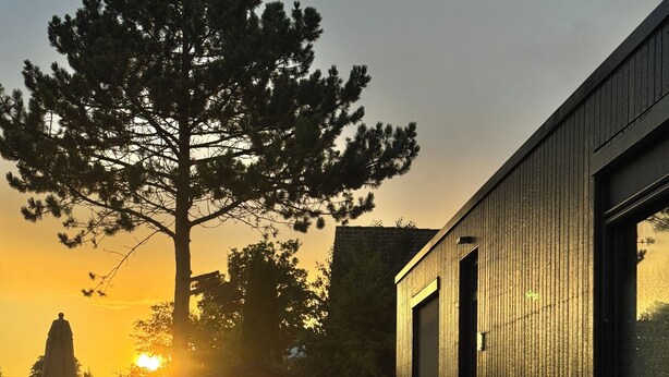 A modern building with a wooden deck, a large tree, and a sunset in the background. - Brenztal Eco Lodge (Giengen an der Brenz)