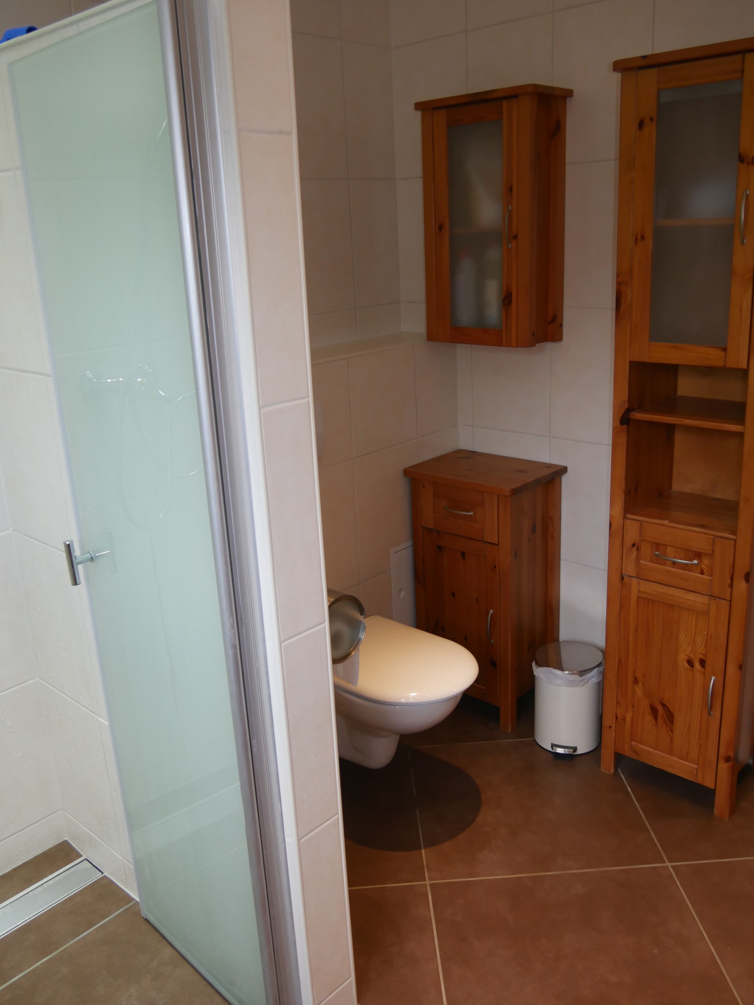 A bathroom with a toilet, wooden cabinets, and a trash bin.