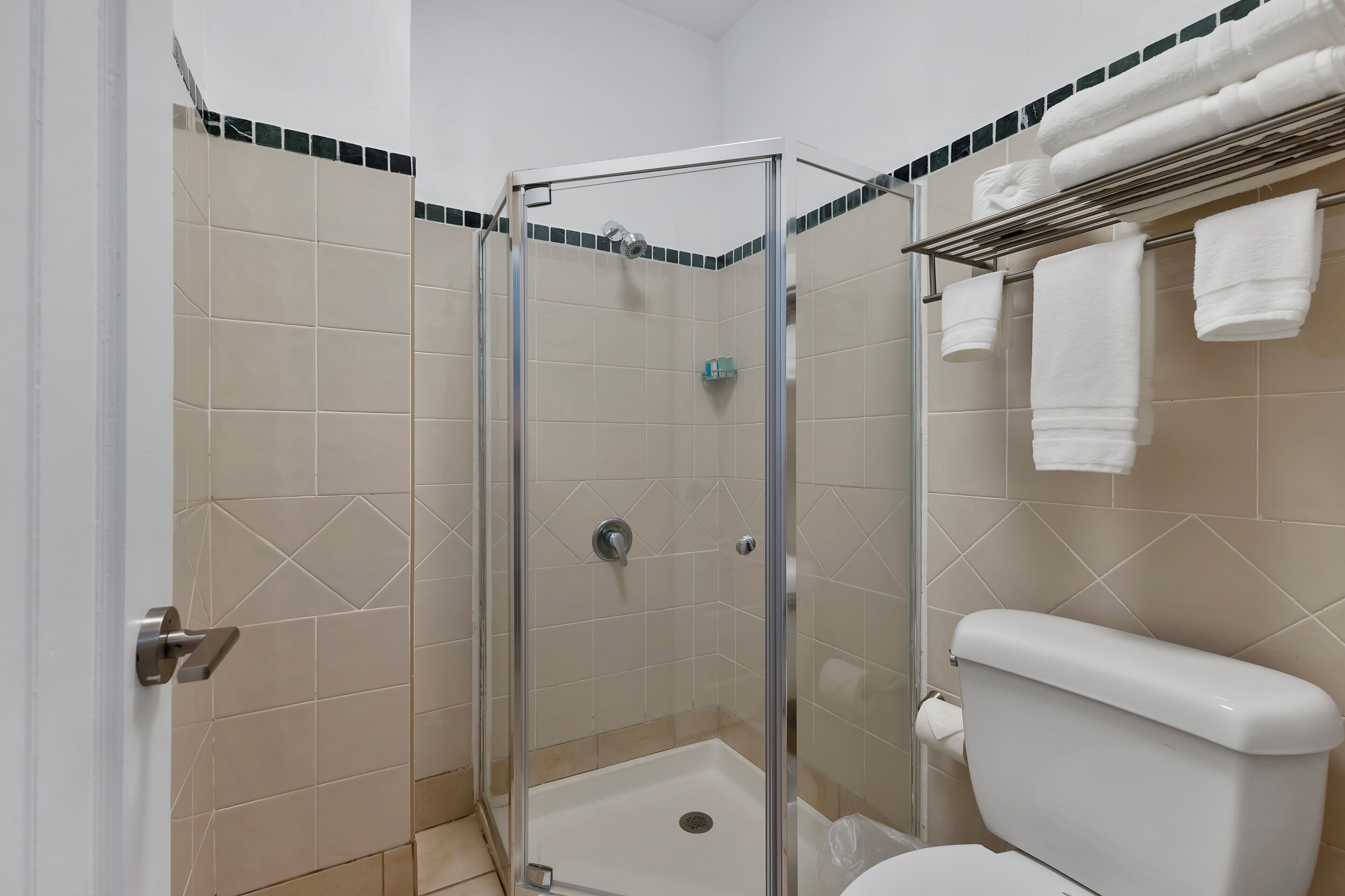 Un baño con ducha envuelta en vidrio, inodoro y toallero con toallas.