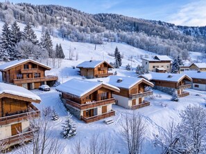 Un ensemble de chalets en bois dotés de balcons, situés dans une région montagneuse enneigée.