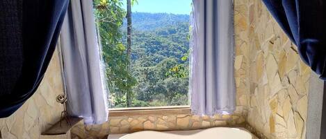A room with a stone wall, a bathtub, a striped rug, and a view of a forest.