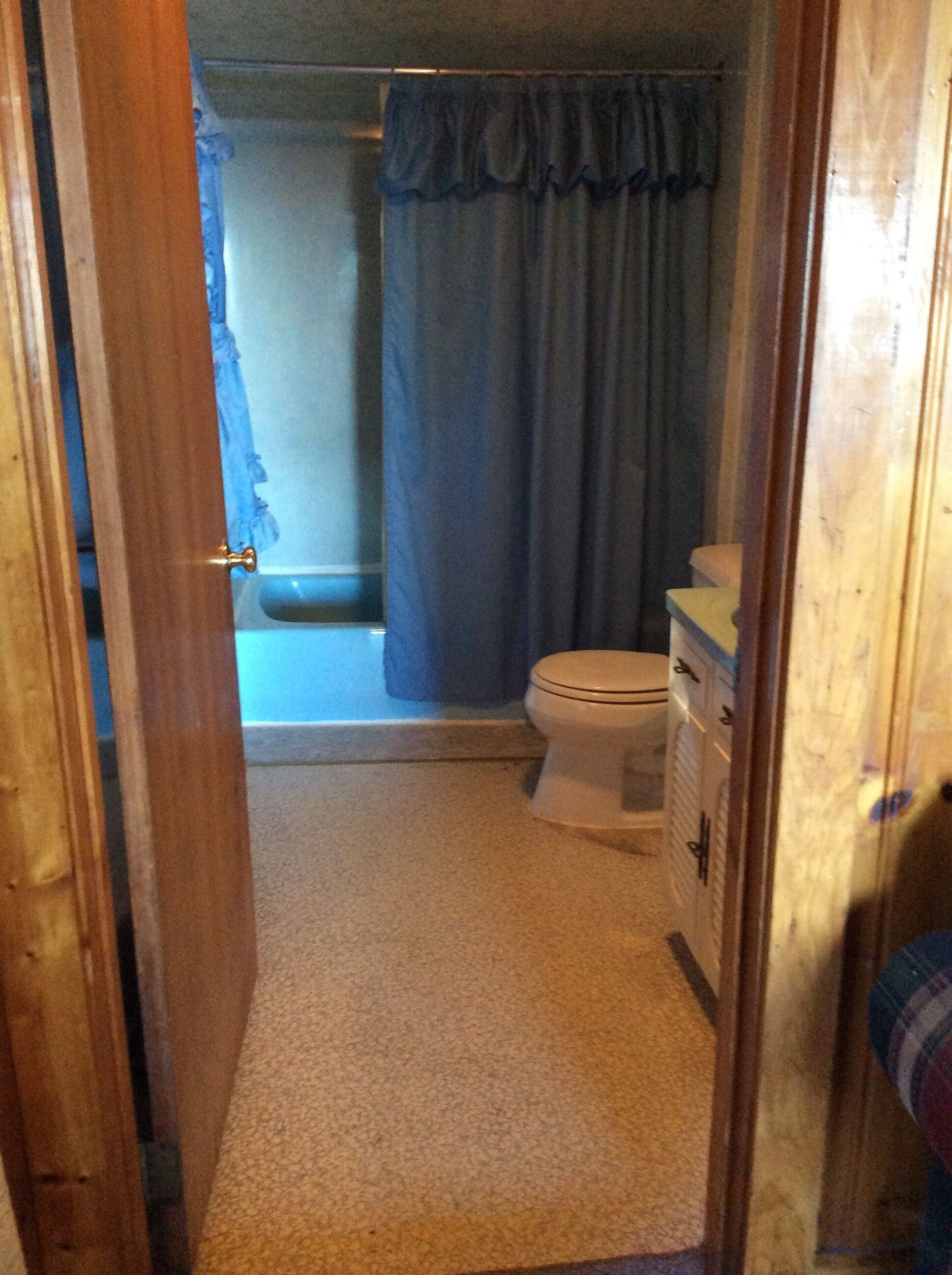 Une petite salle de bain comprenant des toilettes, un lavabo et un espace douche.