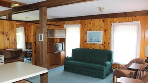 Una stanza con rivestimento in legno, un divano verde, una televisione e un tavolo da pranzo.