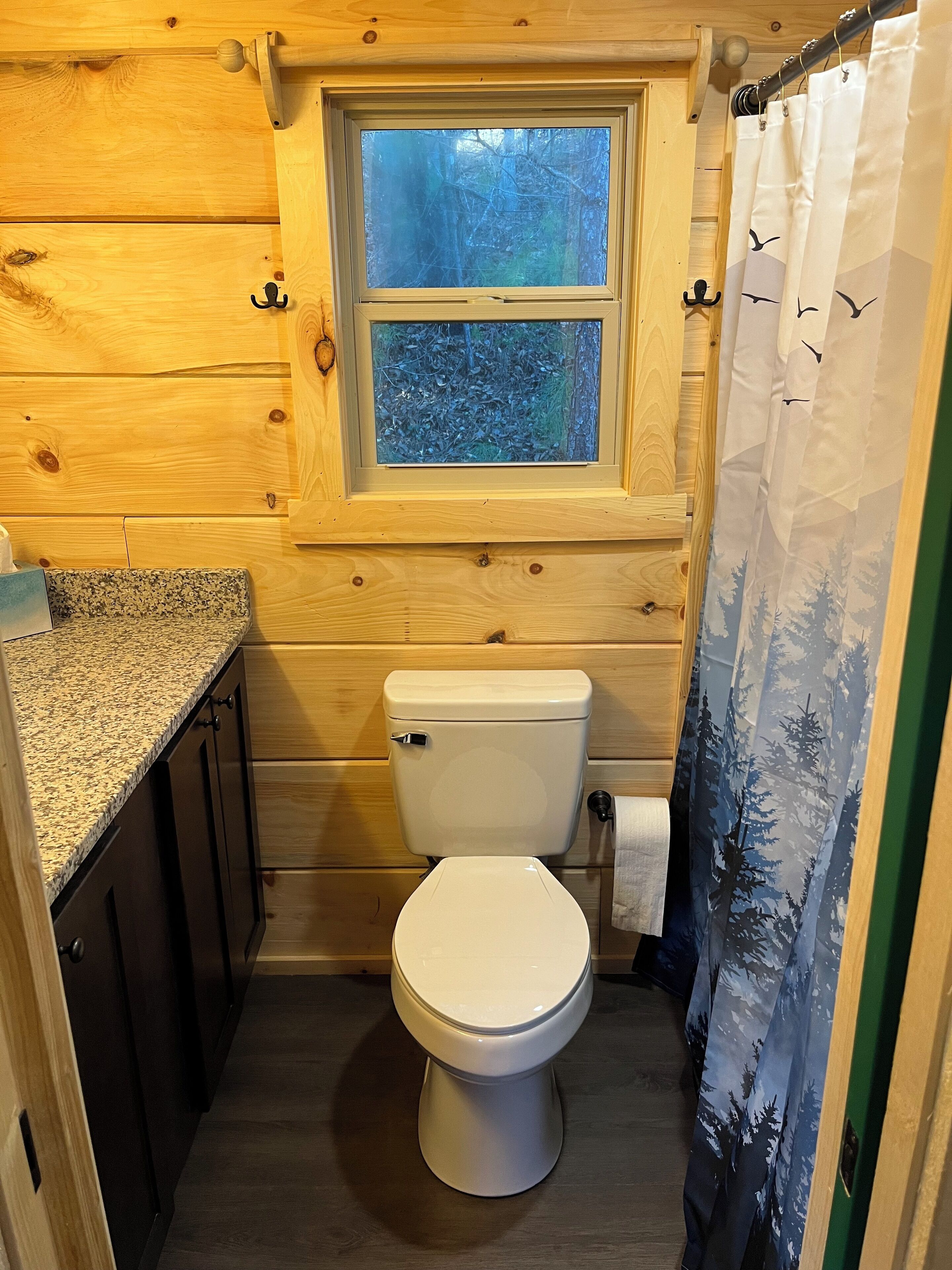 A small bathroom with a toilet, a window, and a shower curtain.
