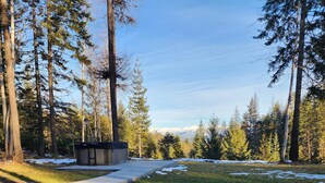 A fire pit in a forested area with snow on the ground and a clear sky. -  Play House Private Ozone Hot Tub, w/ BEAUTIFUL views. Quaint, Cozy, & Peaceful. (Sandpoint)