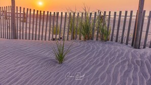 A sandy beach with a wooden fence and some grass in the foreground. - Waterfront Family Retreat with Dock, Kayaks & Beach Passes! (Stafford Township)