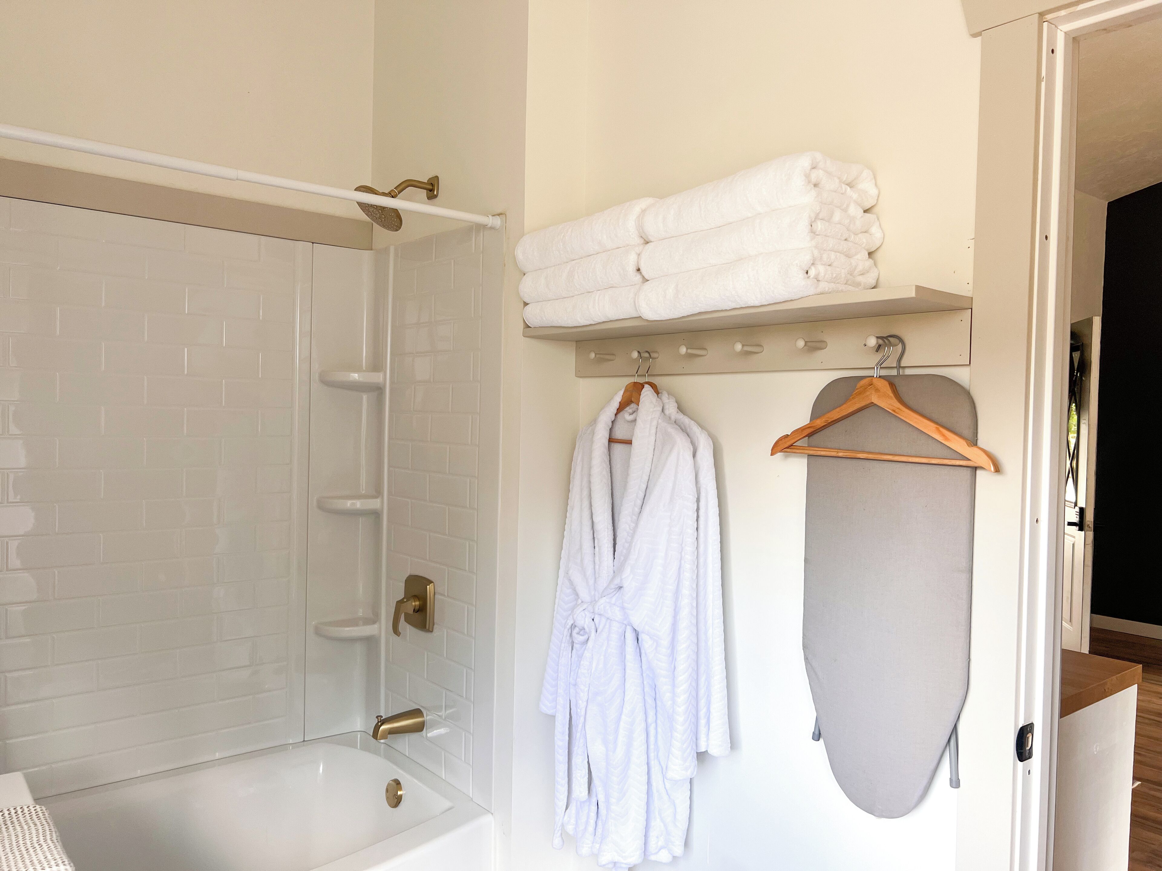 Hair dryer, towels, soap, shampoo