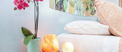 Salt lamp for a relaxing atmosphere.