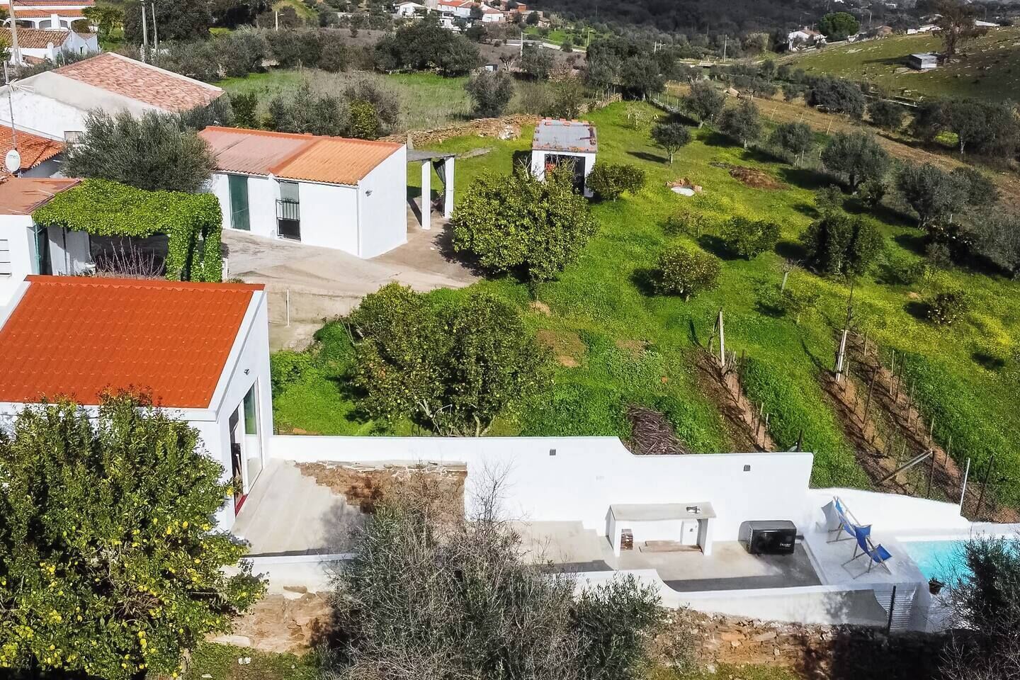 A residential area with a white building featuring a red-tiled roof, a swimming pool with blue lounge chairs, and a lush green landscape with trees and a small pond.
