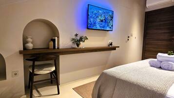 A bedroom with a bed, a TV mounted on the wall, a shelf with books and a plant, and a chair.