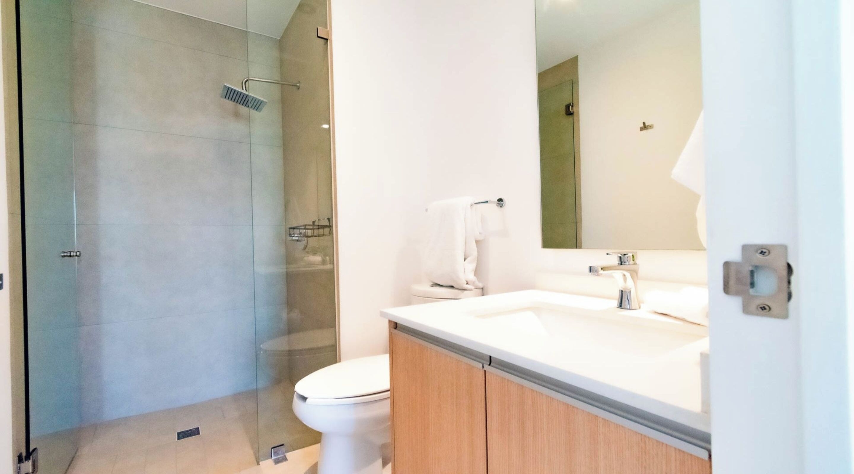 A modern bathroom with a glass shower enclosure, a white toilet, and a wooden vanity with a large mirror.
