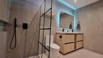 Shower, hair dryer, towels, soap