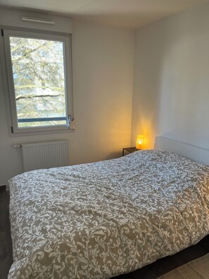 A bedroom with a large bed, a window, a radiator, and a nightstand with a lamp. - Bright and modernly furnished 2-bedroom apartment -   (Strasbourg)