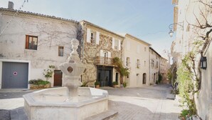 Un patio con fuente, pavimento adoquinado y edificios históricos con balcones y ventanas.