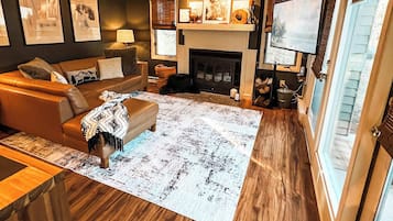 TV, fireplace, books