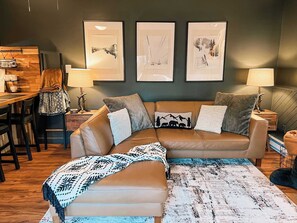 TV, fireplace, books