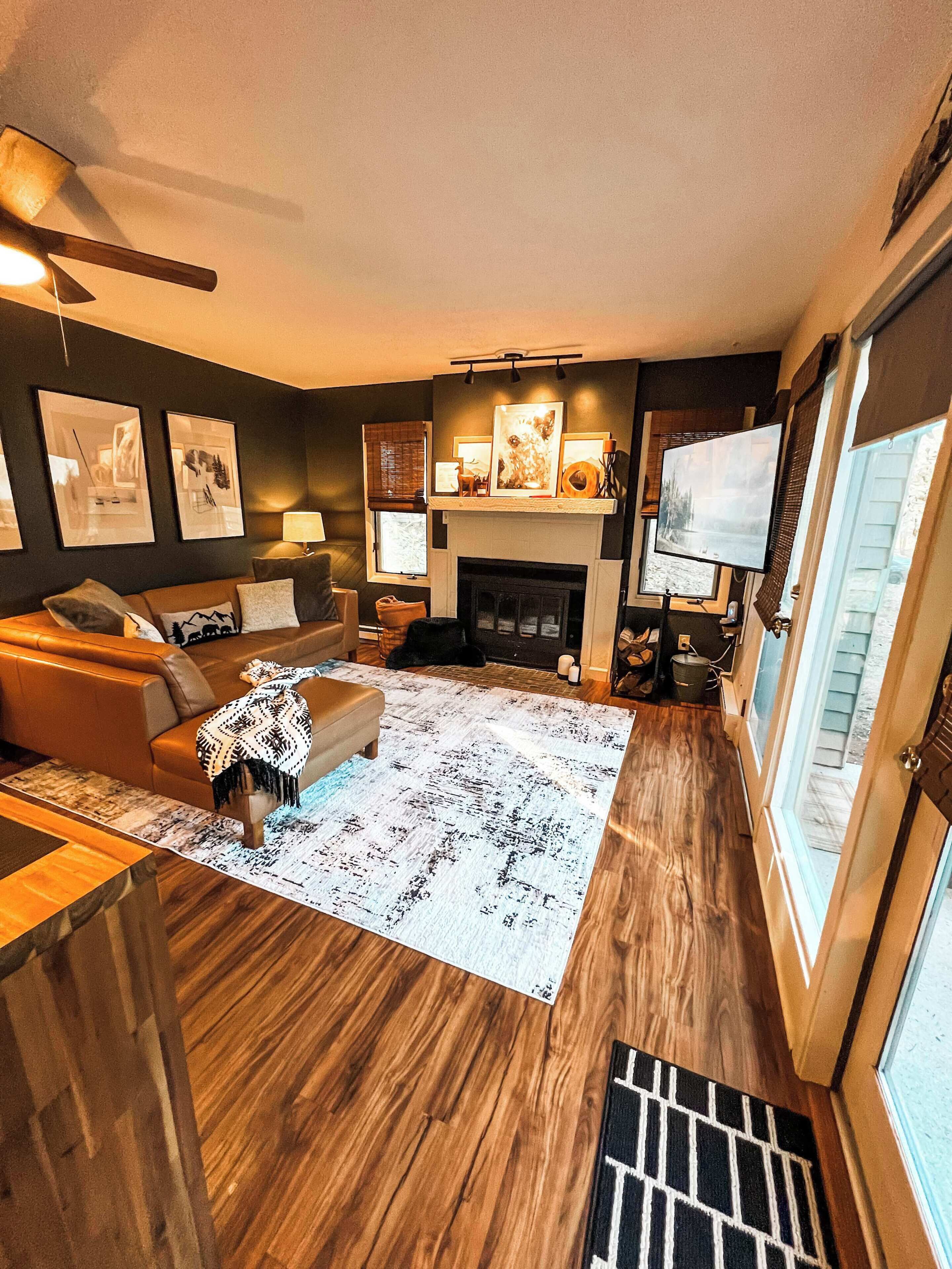 TV, fireplace, books