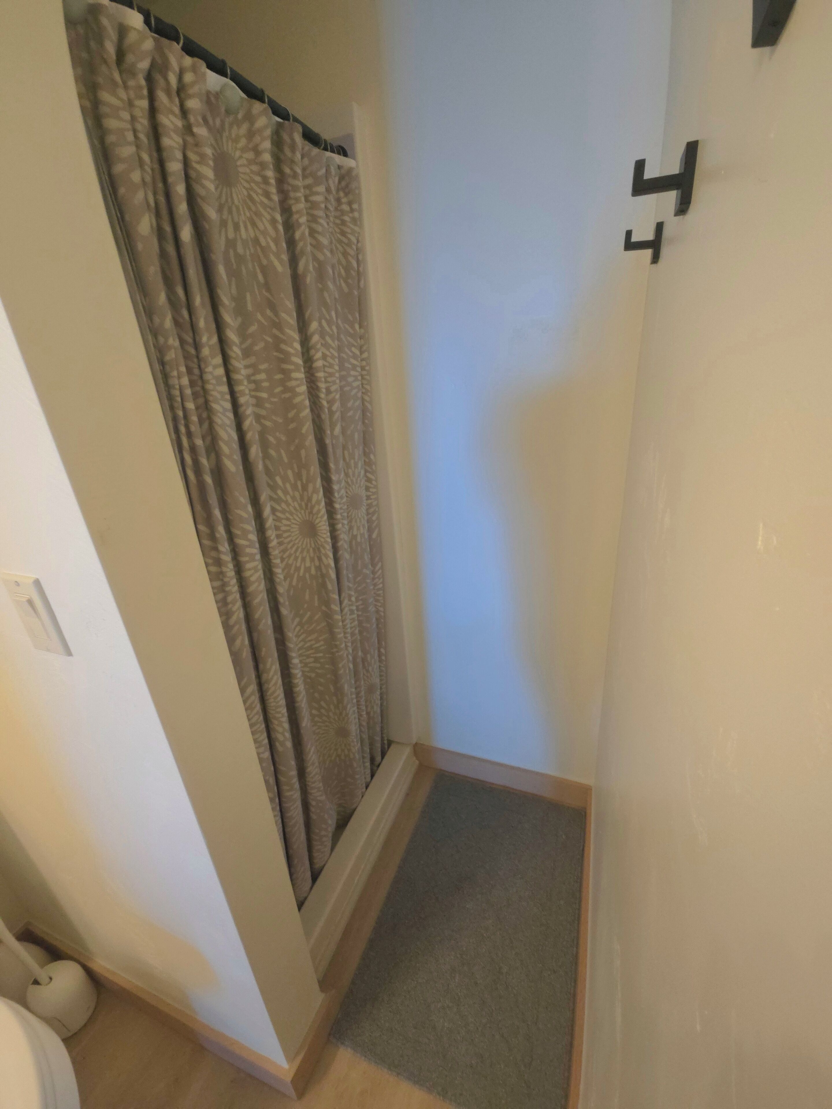 Ein Badezimmer mit Duschvorhang, Toilette und einer kleinen Fußmatte.