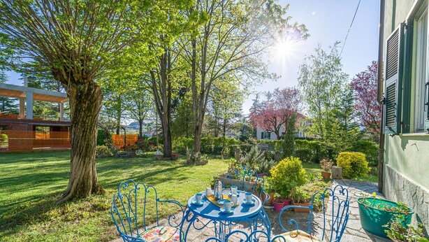 Eine Gartenpatio mit einem blauen Metalltisch und -stühlen, umgeben von viel Grün und einem großen Baum.
