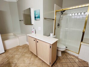 Hair dryer, towels, soap, shampoo