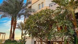 A multi-story building with balconies, surrounded by various types of vegetation including palm trees and other tropical plants. - Fully furnished 02 BR with sea view roof top (Hurghada)