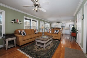 Télévision, cheminée, lecteur de DVD, vidéothèque