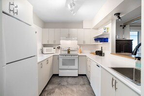 Jääkaappi, mikroaaltouuni, liesi, astianpesukone