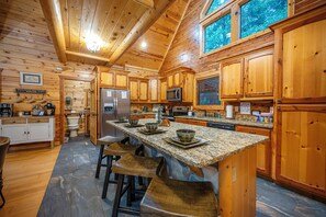 Fridge, microwave, oven, stovetop - Beyond Blessed: Luxurious 5-Bedroom Cabin w/ Hot Tub, Firepit, & Game Room in Hochatown! (Broken Bow)