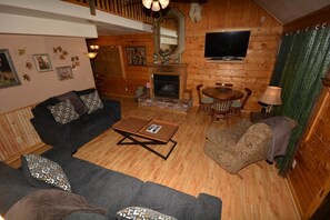 TV, fireplace, foosball