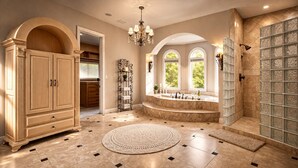 Un baño espacioso con una bañera grande, cabina de ducha y tocador con espejo.