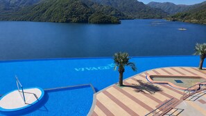 A pool area with a view of a lake and mountains, a palm tree, and a lifeguard stand.