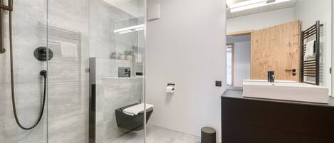 Une salle de bain moderne avec une douche à parois de verre, des toilettes et un meuble-lavabo avec un miroir.